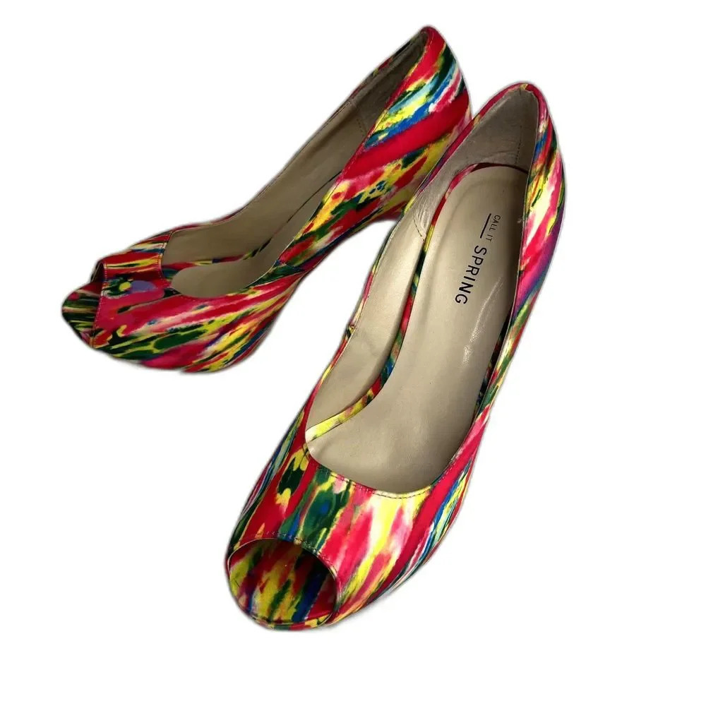 Call It Spring Open Toe Neon Multi Color Pumps‎ Size 7